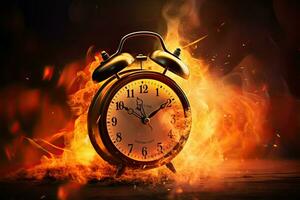 Alarm clock on fire background. Time is running out concept. burning alarm clock. time is running concept, AI Generated photo