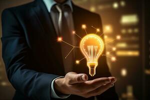 Businessman holding glowing light bulb in his hand. Idea and innovation concept, Businessman hand holding light bulb with graph and chart on virtual screen, AI Generated photo