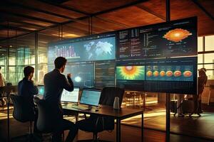 Businessman in modern office working with computer. Mixed media. Mixed media, Business people working in modern office with virtual screens on wall. Mixed media, top section cropped, AI Generated photo