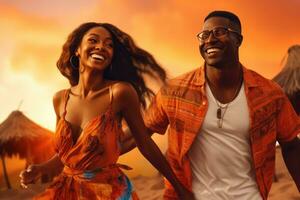 contento joven africano americano Pareja bailando en el playa a puesta de sol en verano, negro pareja, viaje y playa divertido mientras riendo en puesta de sol naturaleza aventuras y verano vacaciones, ai generado foto