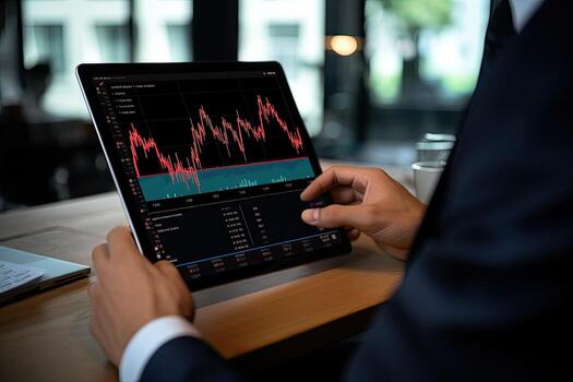 Businessman analyzing investment charts with tablet computer. Business and financial concept. Businessman hand close up using tablet with stock market graph and chart on the screen, AI Generated photo