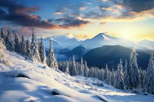 Fantastic winter landscape glowing by sunlight. Dramatic wintry scene. Carpathian, Ukraine, Europe. Beauty world, Beautiful winter landscape in the Carpathian Mountains, Ukraine, AI Generated photo