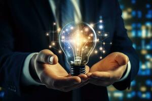 Close up image of businessman holding in palms light bulb with circuit board, Businessman hand holding light bulb with graph and chart on virtual screen, AI Generated photo