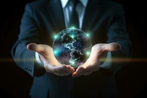 Businessman holding a glowing earth globe in his hands. 3D rendering, Businessman hand holding a global network hologram in his hand. 3D rendering, AI Generated photo