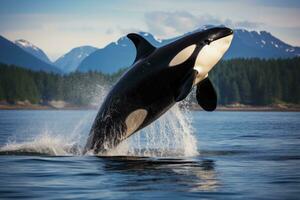 Orca Orca, Big orca whale jumping out of the sea, AI Generated photo