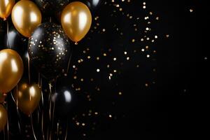 Black and gold balloons on black background with golden confetti. Party, birthday, celebration concept, Black and golden balloons with confetti on black background, AI Generated photo