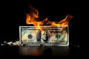 Burning dollar banknote on black background. Concept of financial crisis. Burning dollar banknote on Black background. Financial crisis concept, AI Generated photo