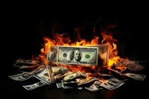 Dollars burning in flames on black background. Concept of financial crisis. Burning dollar banknote on Black background. Financial crisis concept, AI Generated photo