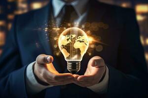 Businessman holding a glowing light bulb with world map in his hands, Businessman hand holding light bulb with graph and chart on virtual screen, AI Generated photo