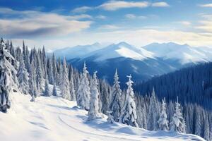 Beautiful winter landscape with snow covered fir trees Carpathian, Ukraine, Beautiful winter landscape in the Carpathian Mountains, Ukraine, AI Generated photo