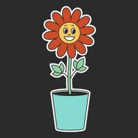 retro maravilloso hippie flor en 1970 estilo. dibujos animados flor en un maceta en un negro antecedentes. vector ilustración