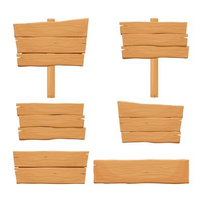 Wooden banners, set of information boards, templates of billboards, rural announcement signs. Vector cartoon collection of wooden texture backgrounds