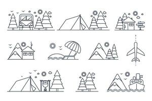 Set of simple travel icons. Vacation hiking in the mountains and resort in nature icon collection. Vector line illustrations