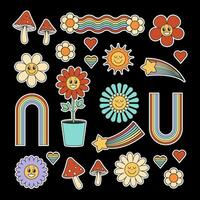 Groovy retro elements and characters sticker pack set, Cute smiling vintage flowers, mushrooms, sun, rainbow. Vector illustration on black