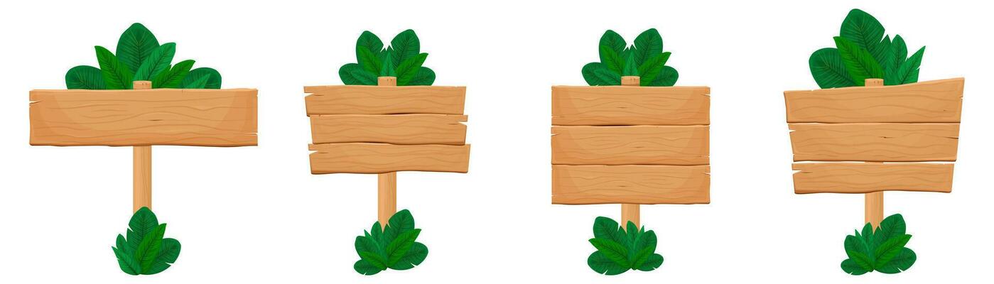 Wooden Banners with Tropical Leaves, Set Information Boards Billboard Templates Hawaiian Signboards. Vector cartoon collection of wooden texture backgrounds