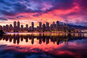 hermosa puesta de sol en el ciudad con reflexión en el lago, Taipéi, Taiwán, hermosa ver de céntrico Vancouver horizonte, británico Columbia, Canadá, ai generado foto