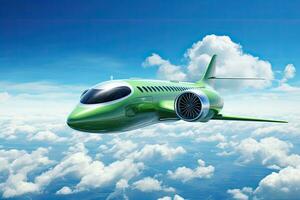 Jet aircraft flying high in the sky. 3d render. Side view, Biofuel-Powered Airplane in the Sky. sustainable transportation concept, AI Generated photo