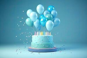 3d rendering birthday cake with balloons and confetti on blue background, Birthday cake with balloons and confetti on blue background. 3D Rendering, AI Generated photo