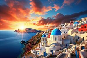 santorini, Grecia. pintoresco ver de oia pueblo a atardecer, hermosa ver de iglesias en oia aldea, santorini isla en Grecia a atardecer, con dramático cielo, ai generado foto