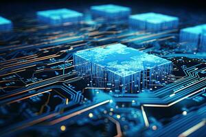 Circuit board background. 3d rendering, 3d illustration, Big data flow with cyber blockchain on a circuit board with blue network system, AI Generated photo