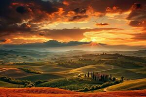 hermosa toscana paisaje a puesta de sol. Italia, Europa. hermosa puesta de sol en el laminación colinas de toscana, Italia, ai generado foto