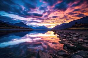 puesta de sol a glenorchy, sur isla, nuevo zelanda, hermosa crepúsculo cielo terminado un fiordo, ai generado foto