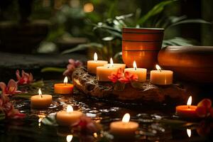 spa todavía vida con velas y orquídeas en oscuro fondo, belleza spa tratamiento con velas, ai generado foto