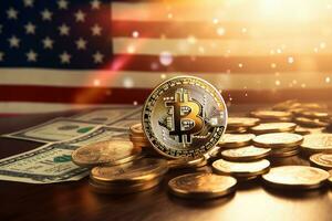 Golden bitcoin on the background of the flag of the United States, Bitcoin currency and dollar. BTC market symbol cryptocurrency rising above the united states dollar, AI Generated photo