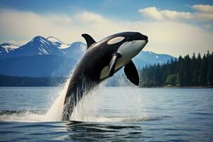 Orca killer whale jumping out of water. Alaska, USA, Big orca whale jumping out of the sea, AI Generated photo