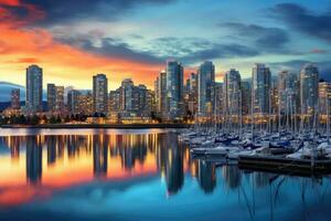 Seúl sur Corea ciudad horizonte con reflexión en el agua a atardecer, hermosa ver de céntrico Vancouver horizonte, británico Columbia, Canadá, ai generado foto