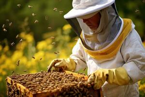 Beekeeper working on honeycomb in apiary. Beekeeper is harvesting honey, beekeeper with protection suit and helmet holding honeycomb with bees, AI Generated photo