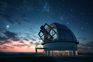 astronómico observatorio en el noche. 3d representación, grande astronómico telescopio debajo un crepúsculo cielo Listo para estudio de las estrellas, ai generado foto