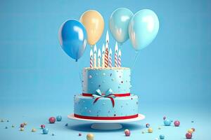 birthday cake with balloons and ribbons 3d render on blue background, Birthday cake with balloons and confetti on blue background. 3D Rendering, AI Generated photo