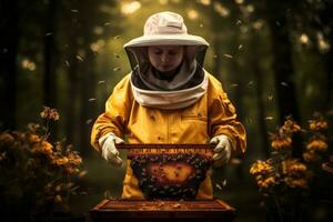 Beekeeper in yellow uniform and hat with honeycomb in his hands, beekeeper with protection suit and helmet holding honeycomb with bees, AI Generated photo