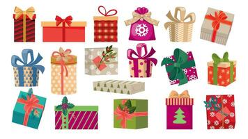 de colores fiesta cajas con arcos colocar. Navidad regalo cajas de diferente formas y patrones. ilustrado vector clipart.