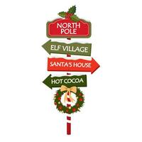 Christmas road sign with arrows and inscriptions. The North Pole, Santa's house, the village of elves on a wooden road sign. Illustrated vector clipart.