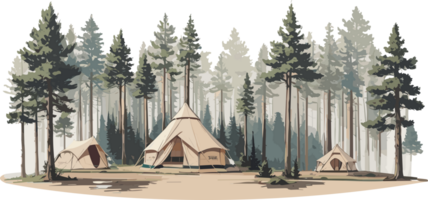 Tent in pine forest AI generative png