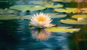 A small lotus in a vast serene lake with blurred background AI generated photo