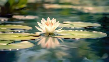 A small lotus in a vast serene lake with blurred background AI generated photo