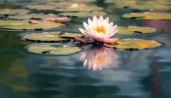 un pequeño loto en un vasto sereno lago con borroso antecedentes ai generado foto