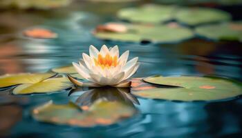 A small lotus in a vast serene lake with blurred background AI generated photo