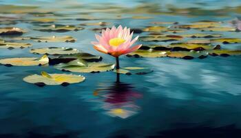 un pequeño loto en un vasto sereno lago con borroso antecedentes ai generado foto