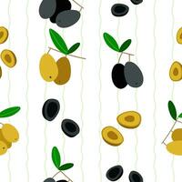 Seamless vector pattern with black and green olives and stripes. Olives on the branches and in the cut.