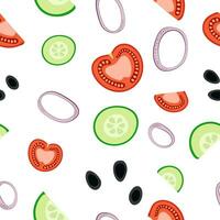 Seamless vector pattern with vegetables for salad - tomatoes, cucumbers, olives, onions. Pattern with food for cooking