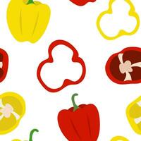 Pattern with red and yellow peppers with slices. Seamless vector pattern with vegetables.