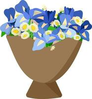 Illustration of a bouquet of flowers - white daisies and blue iris in craft paper with a blue ribbon vector