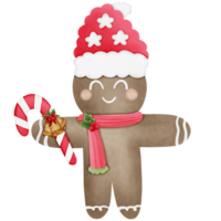 christmas gingerbread cookies with hat and holding candy cane isolated on transparent background png