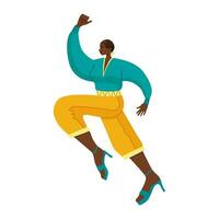 Black woman with short hair. You go girl. Girl power. Strong woman jumps. Feminism concept of gender equality and empowerment. Cartoon flat vector illustration isolated on white.