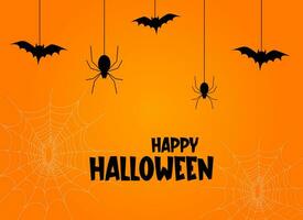 Happy Halloween banner with spiders and bats on orange background. Colorful vector in cartoon style.