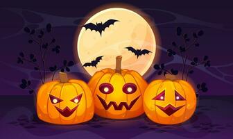 Halloween pumpkins under the moonlight with bats. Colorful vector illustration in cartoon style.